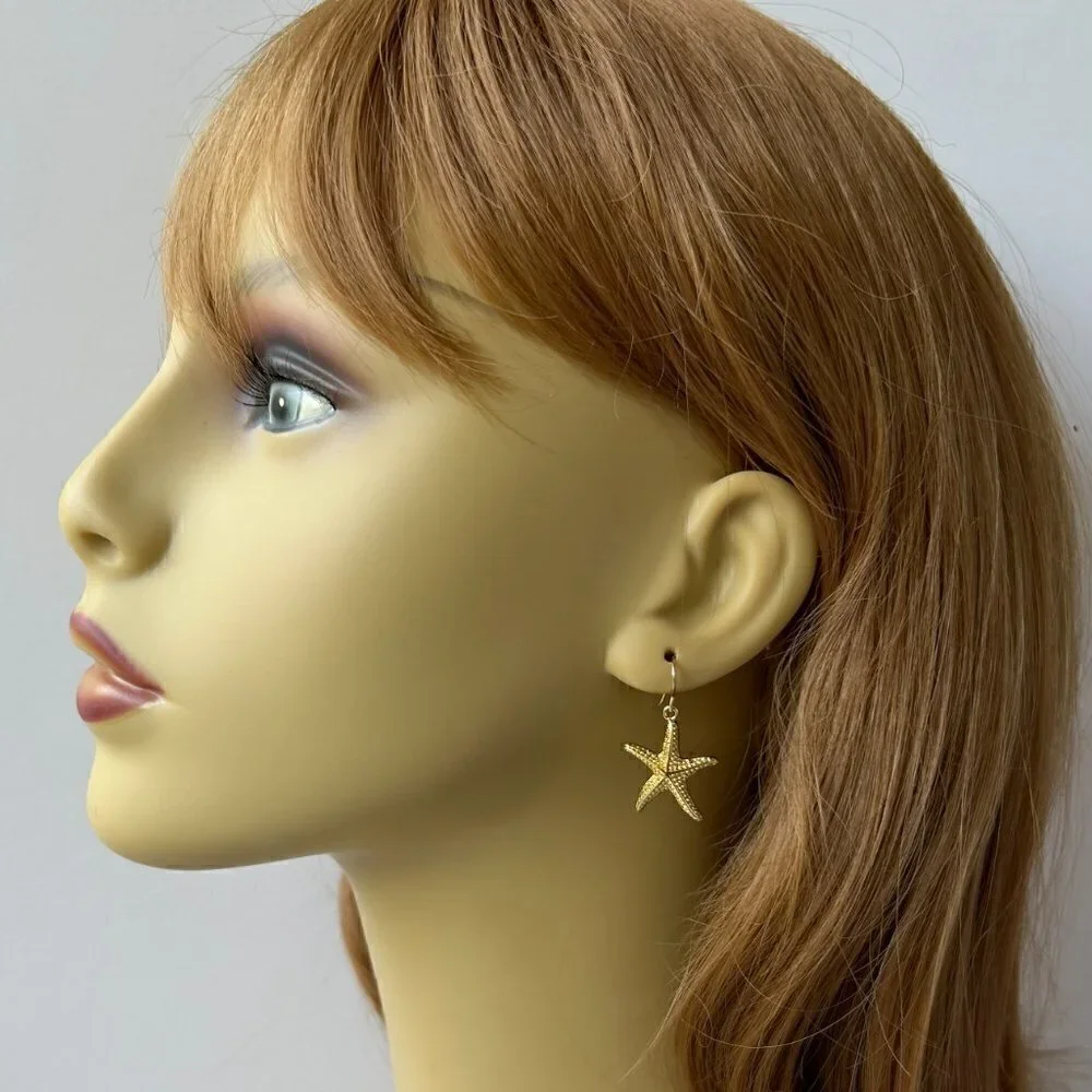 Starfish Earrings Gold 14K Gold Filled Wires Womens Girls Beach Jewelry - Picture 3 of 6